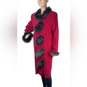 Vintage Red Long Coat Faux Fur Medium Large